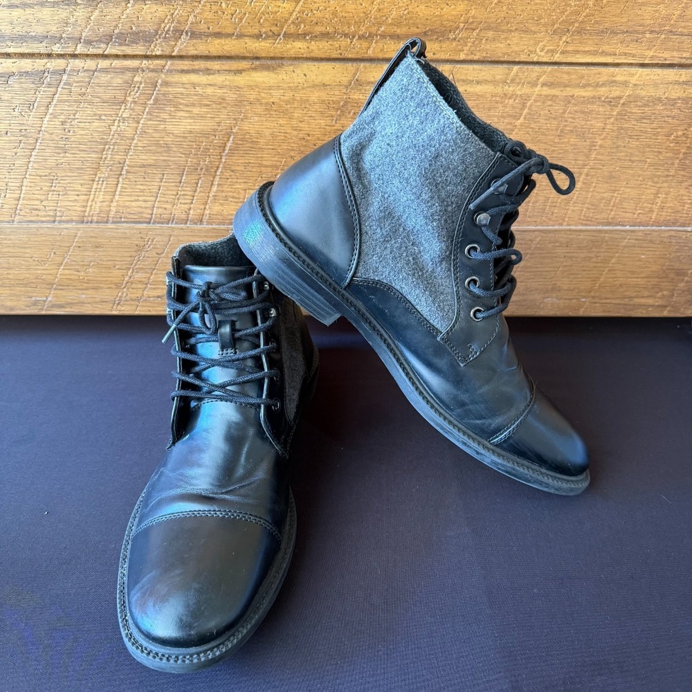 Men's Black Leather Ankle Boots Lace Up Cap Toe Casual Dress Combat Style Size 1